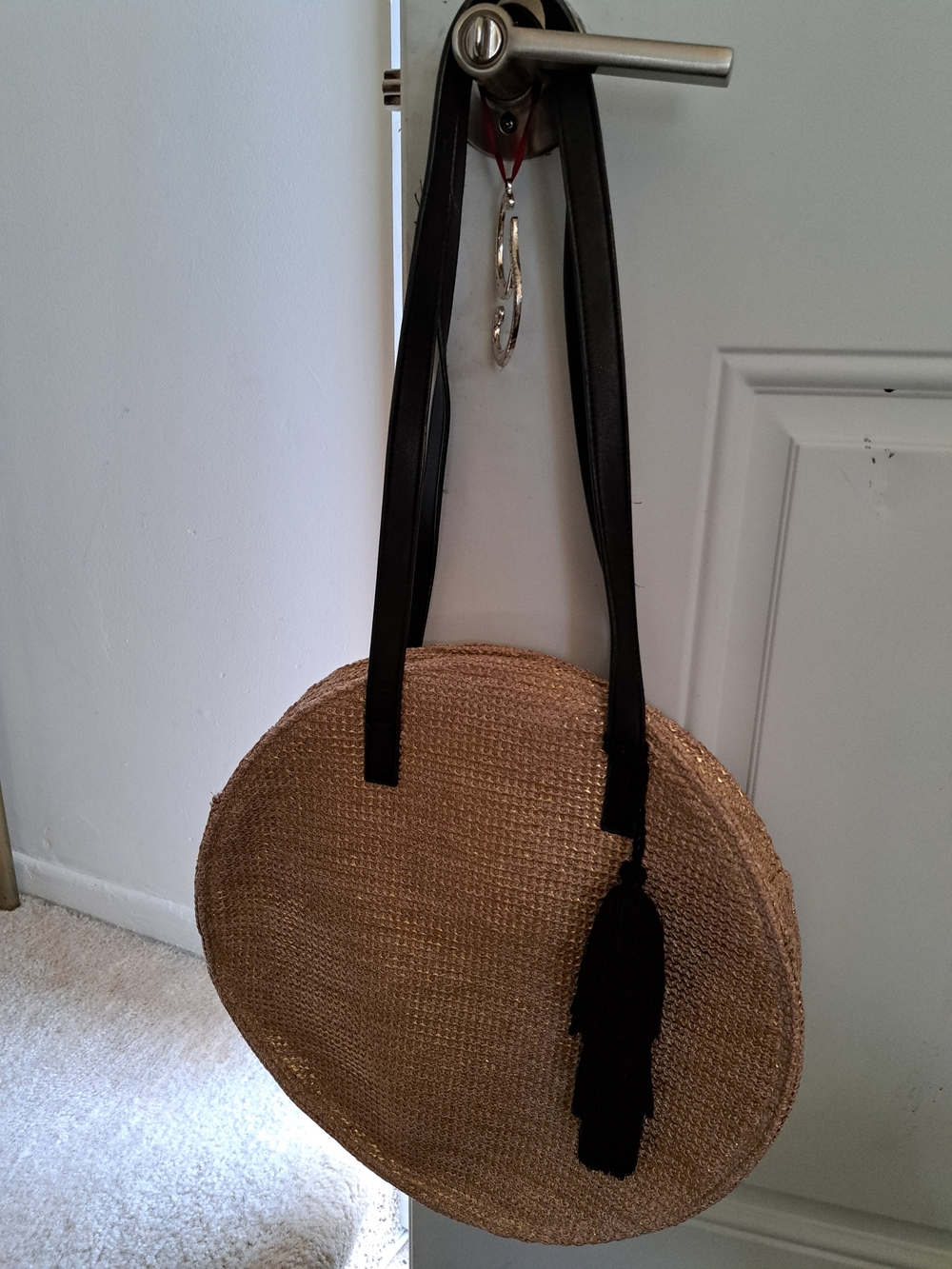 Round Straw Tote Bag with Black Straps and Tassel